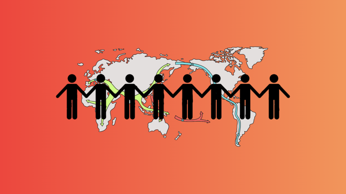  People holding hands along a world map. (Graphic by Sophia Rerucha / Golden Gate Xpress)